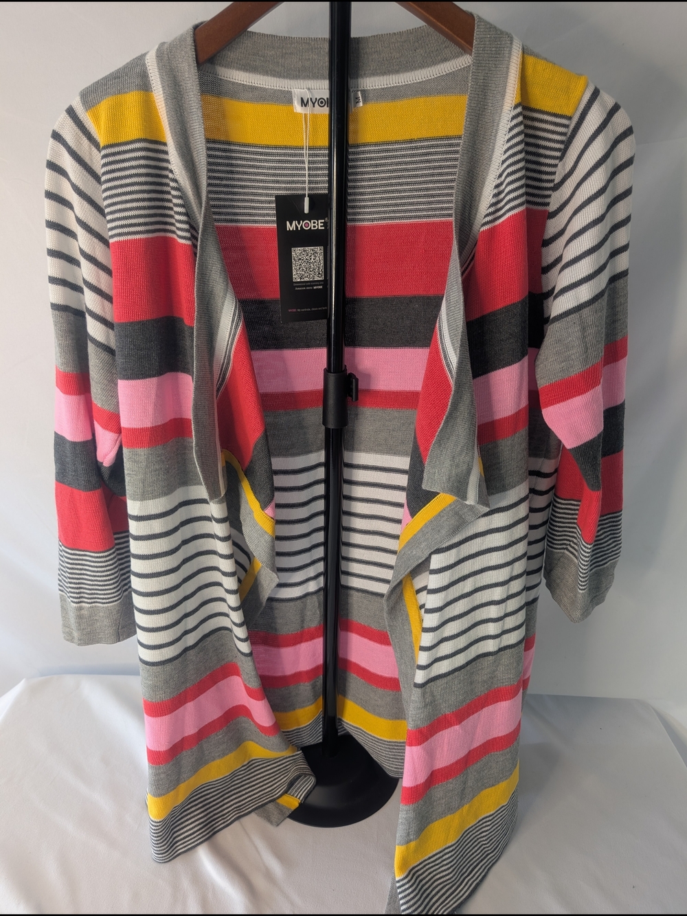 Myobe Striped Open-Front Cardigan - Pink, Gray & Yellow Women's Medium
